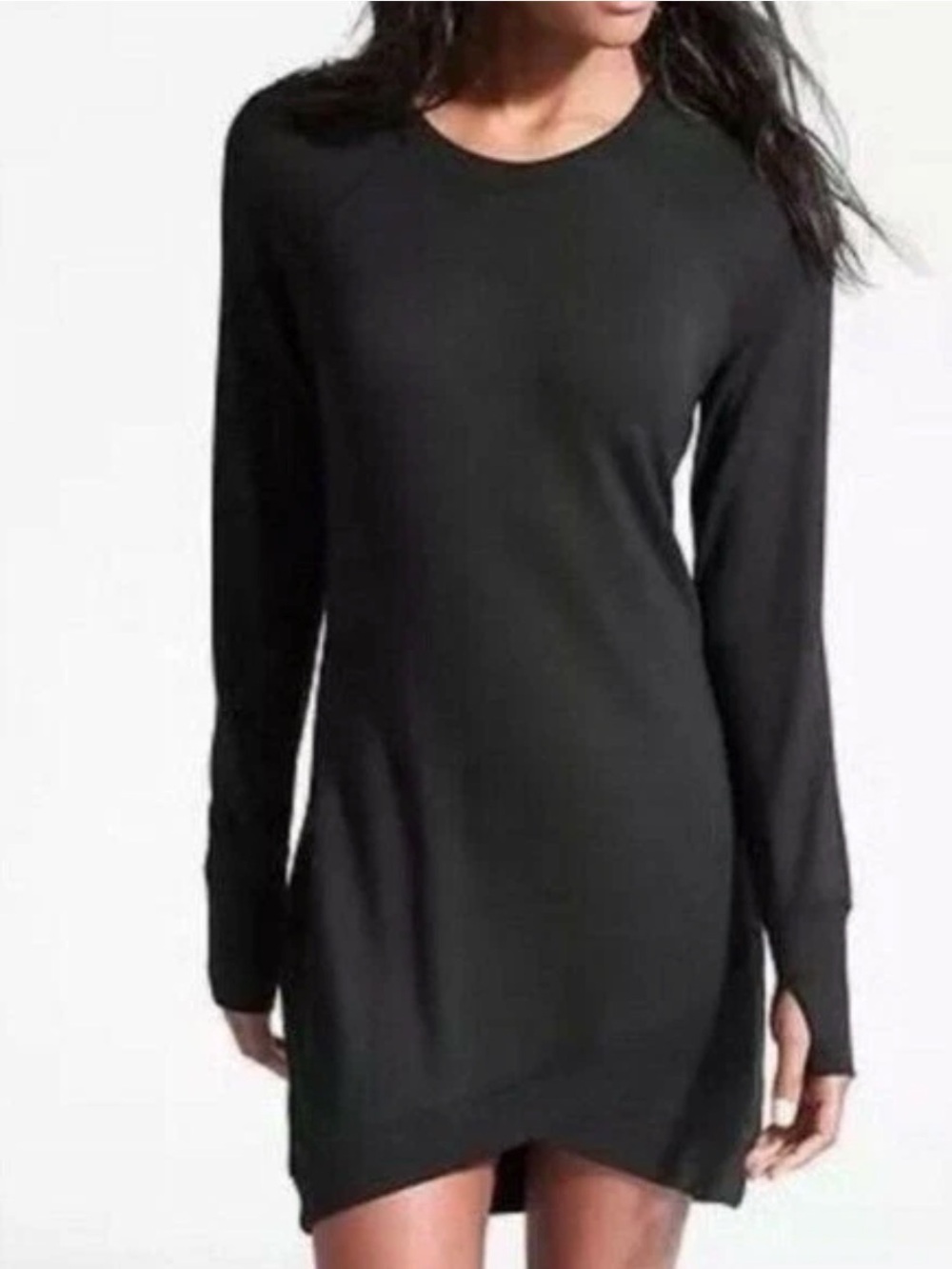 Athleta Criss Cross Sweatshirt Dress Black Thumbhole Tulip Hem Small